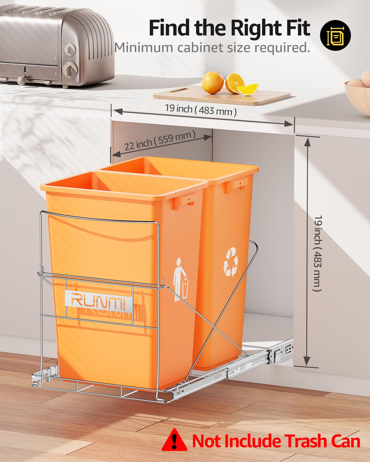 Double 37 Quart Pull Out Trash Can Under Cabinet, Under Sink Trash Rack, 70 Liter Total Capacity, Cabinet Trash Pull Out Kit, Trash Bin Not Included