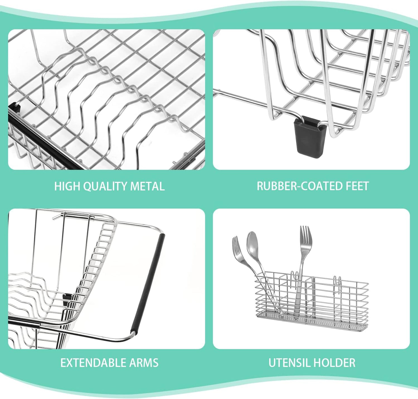 Sink Dish Drainer Rack, Expandable 304 Stainless Steel Dish Drying Rack Organizer with Stainless Steel Utensil Rack, Adjustable 15.35" to 20.47" Inside The Sink (up to 13 Upright Utensils).