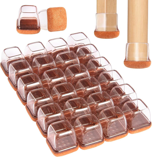 Square Chair Leg Floor Protectors Medium 24Pcs,Silicone Chair Leg Protectors for Hardwood Floors/Tiles,Clear 360°Wrapped Felt Bottom to Prevent Scratch and Reduce Noise