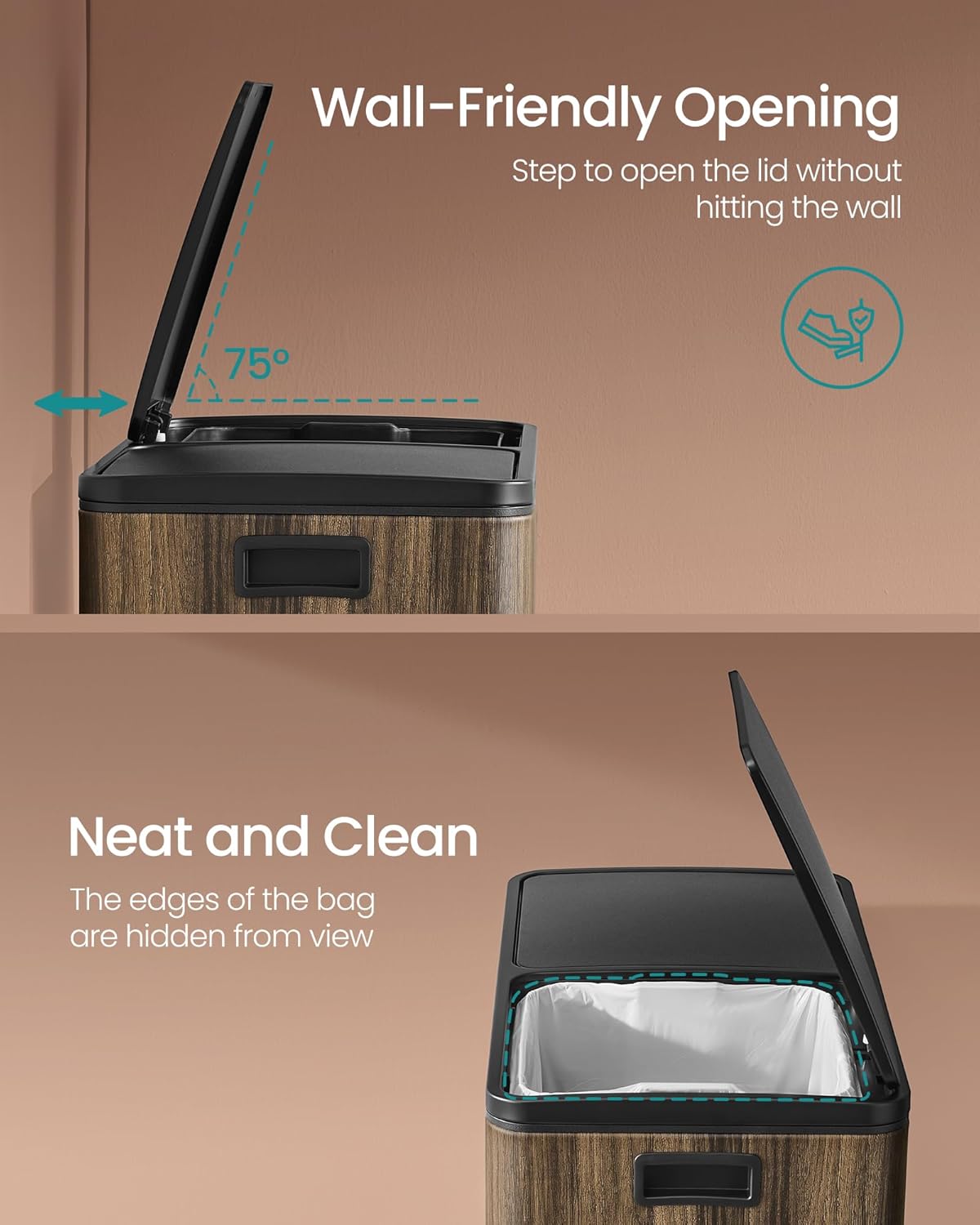 SONGMICS Trash Can, 2 x 8-Gallon Garbage Can for Kitchen, with 15 Trash Bags, 2 Compartments, Plastic Inner Buckets and Hinged Lids, Airtight, Dark Walnut ULTB060N02V1