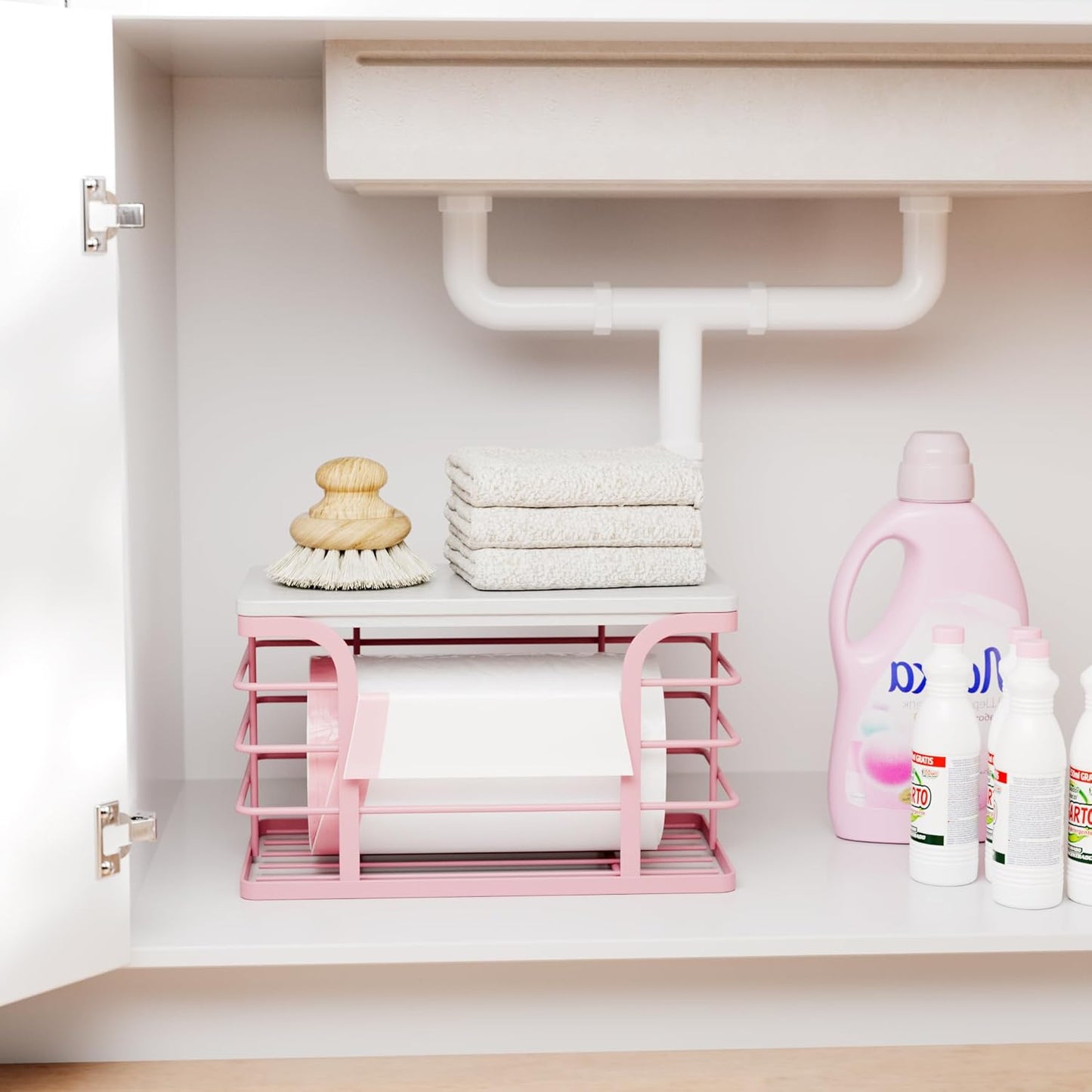 Small Grocery Bag Holder,Wall Mount Trash Bag Holder Dispenser with Bamboo Top,Suitable for Garbage Bags of 100 Rolls under 13 Gallons,Pink