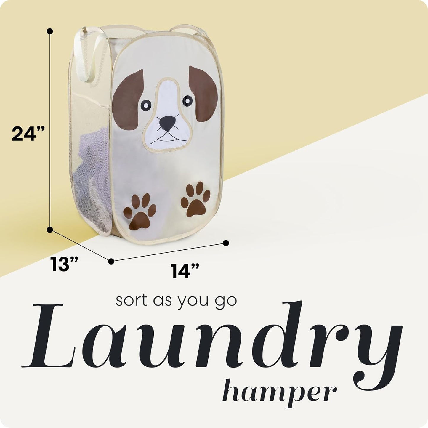 Handy Laundry Collapsible Mesh Pop-Up Hamper with Wide Opening and Side Pocket - Breathable, Sturdy, Foldable, Space-Saving Design (Puppy)