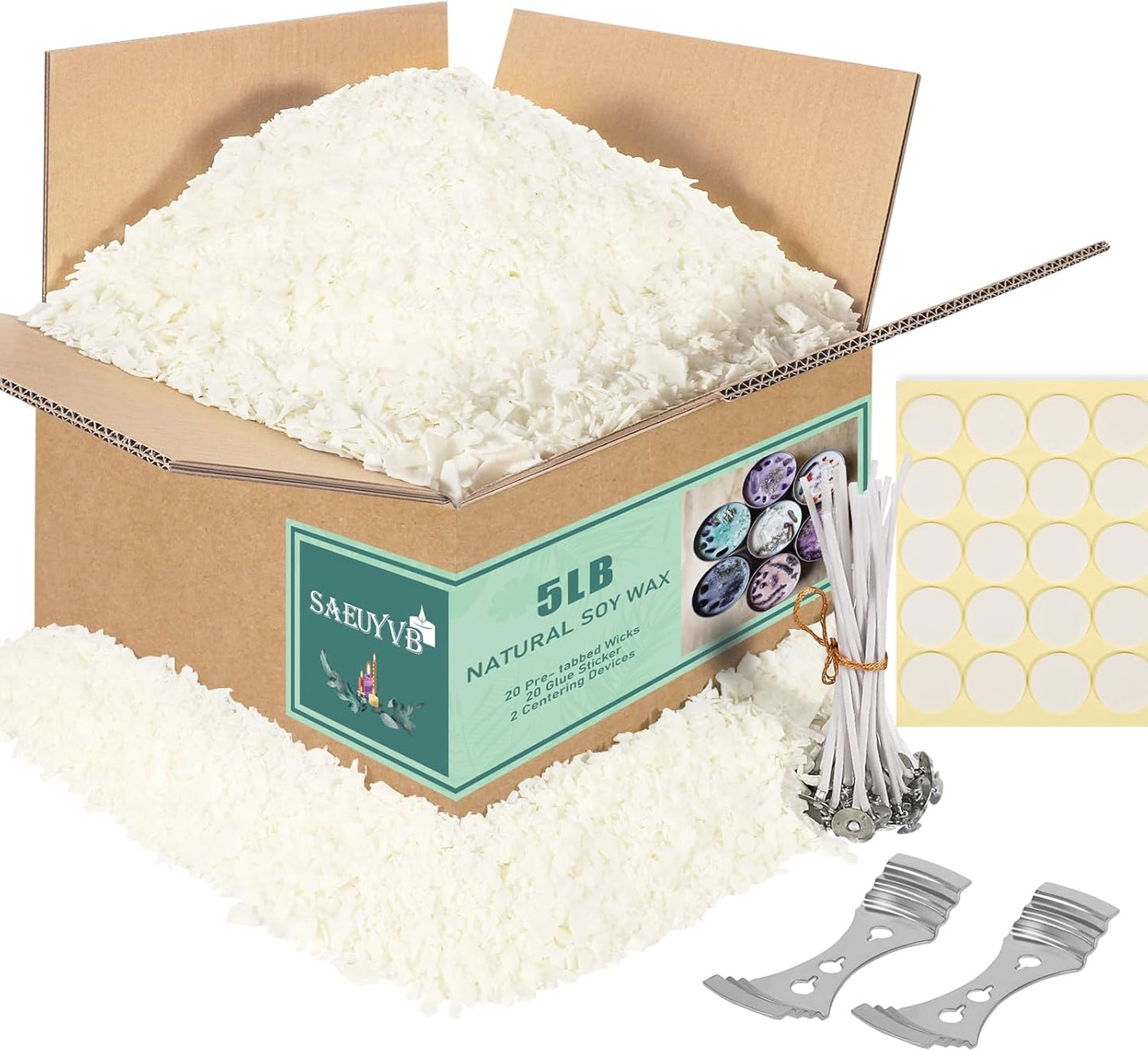 SAEUYVB Soy Candle Wax for Candle Making - Natural Soy Wax Flakes 5 lbs Bag, 20 Cotton Candle Wicks, 20 Wick Stickers & 2 Centering Devices