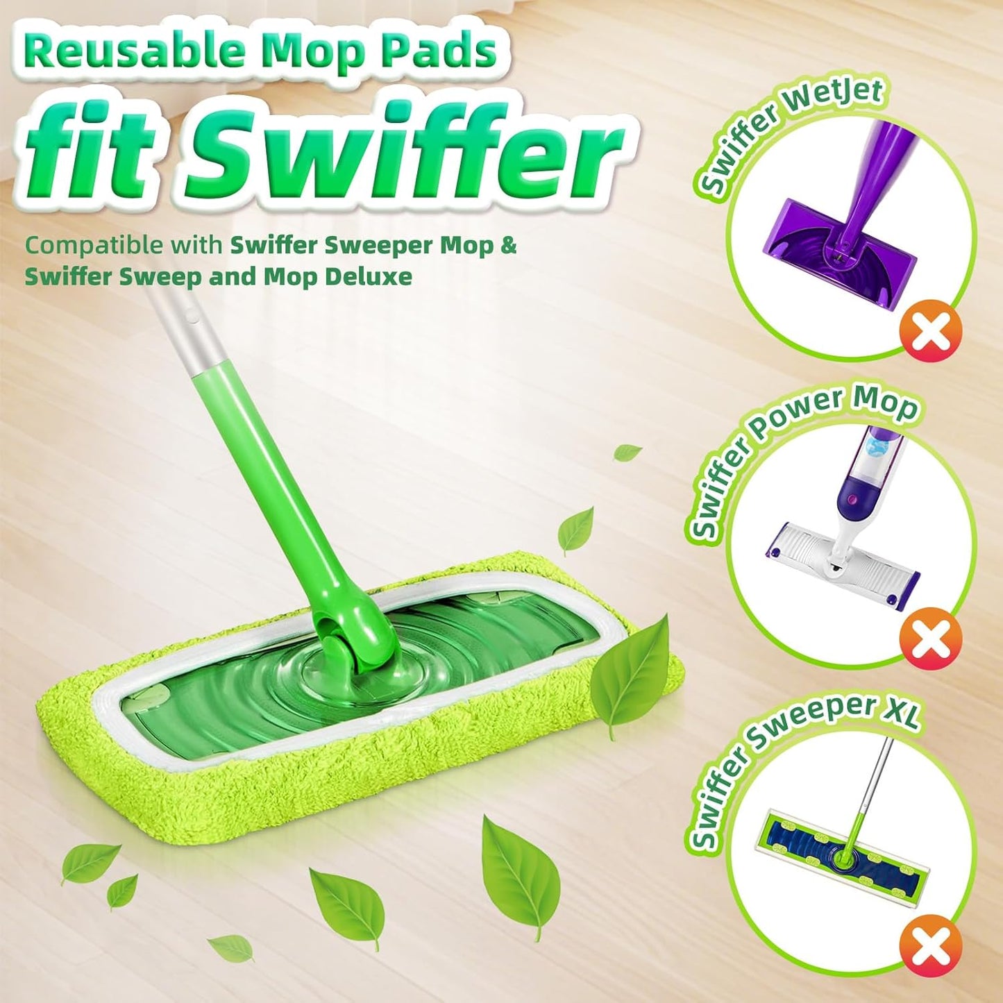 Reusable Mop Pads fit Swiffer Sweeper Mop - Microfiber Wet Pads Refill & Machine Washable Dry Sweeping Cloths for Mopping All Sealed Floors - Hardwood, Laminate, Tile & Stone (Mop is not Included)