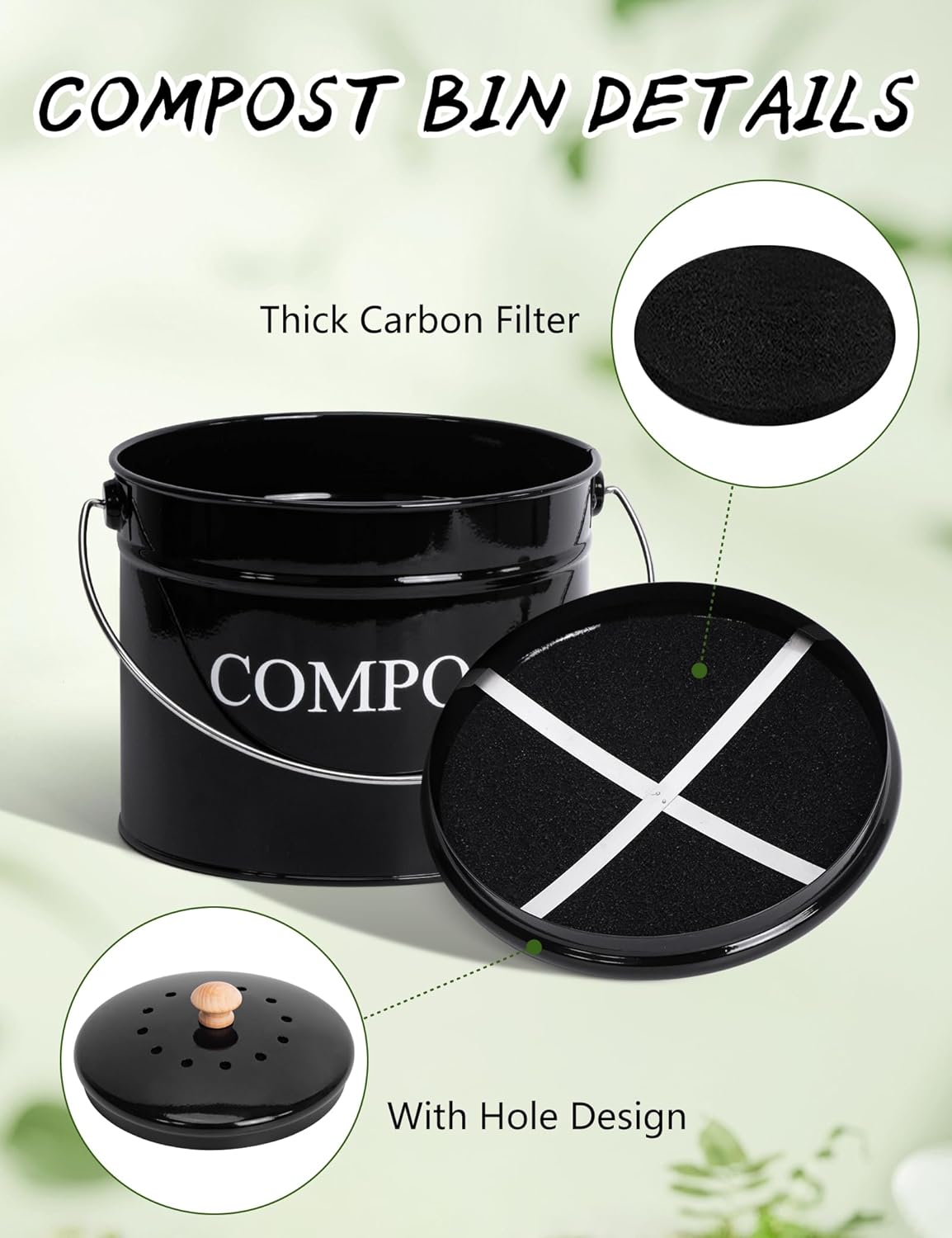 Compost Bin - 1 Gallon Countertop Composter with Lid and Charcoal Filters, Rust Proof Indoor Bucket for Kitchen Food Waste