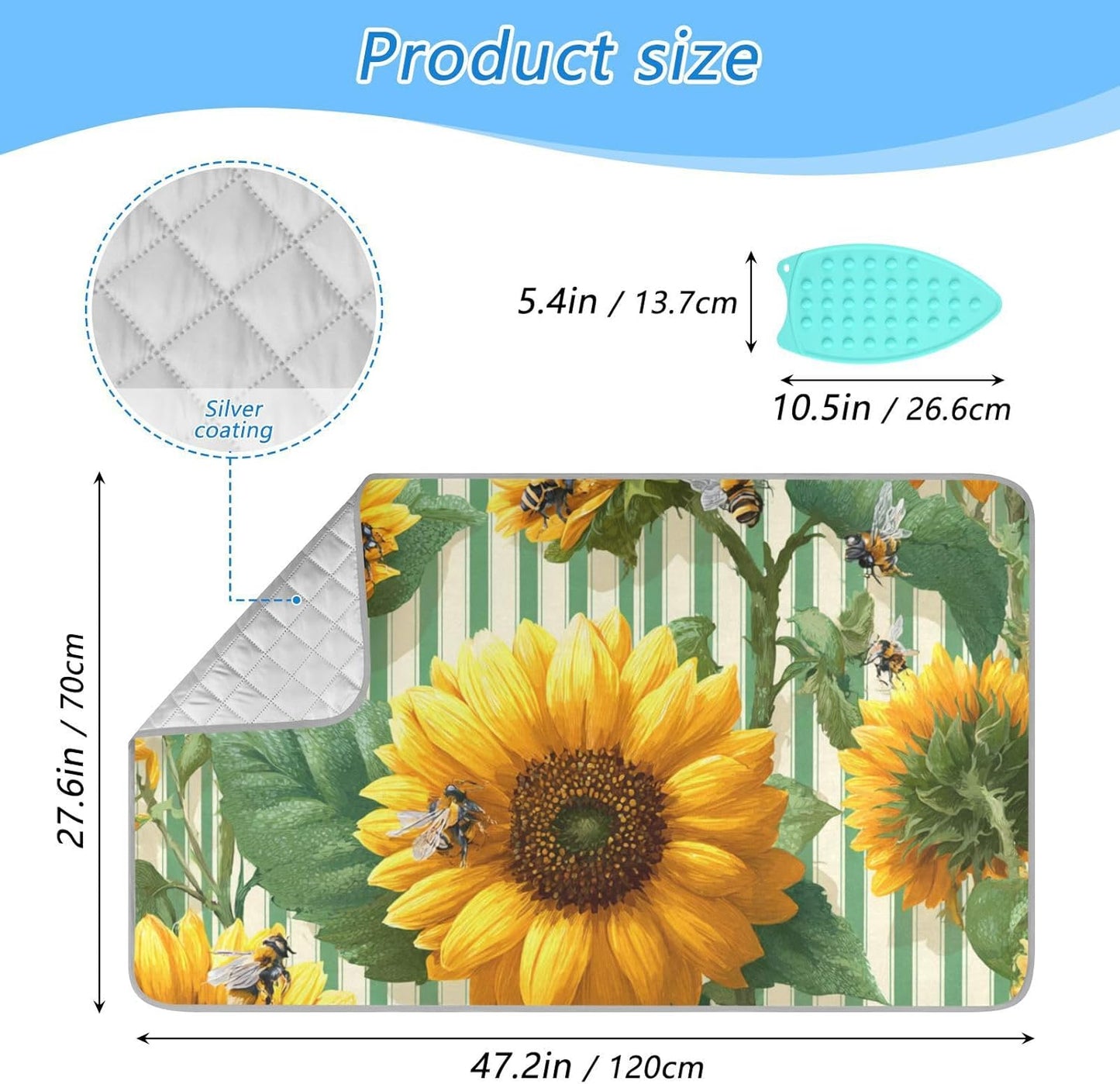 Green Striped Sunflowers and Bees Ironing Mat for Table top Portable Ironing Pad Blanket for Washer Dryer Countertop Travel