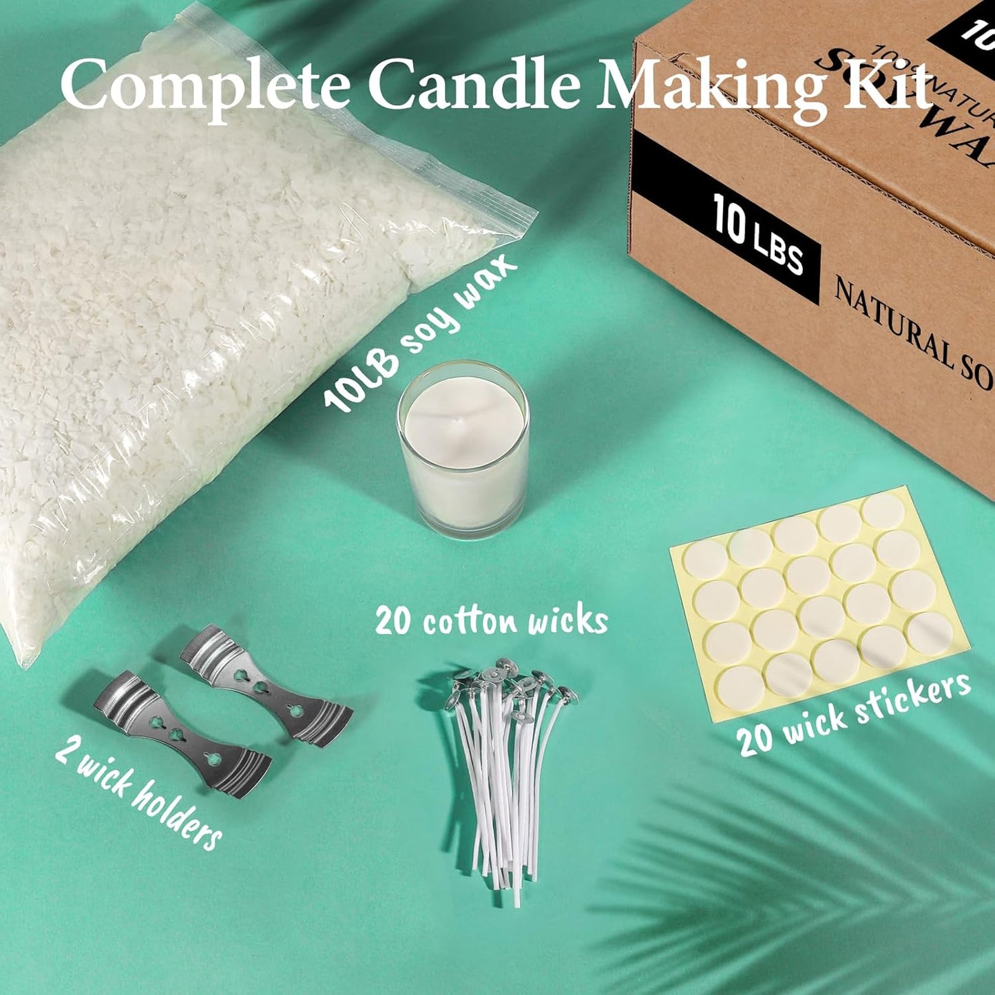 SAEUYVB Natural Soy Candle Wax for Candle Making, 10lb Bag, Premium Soy Wax Flakes, 20 Cotton Candle Wicks, 20 Wick Stickers and 2 Centering Devices ﻿