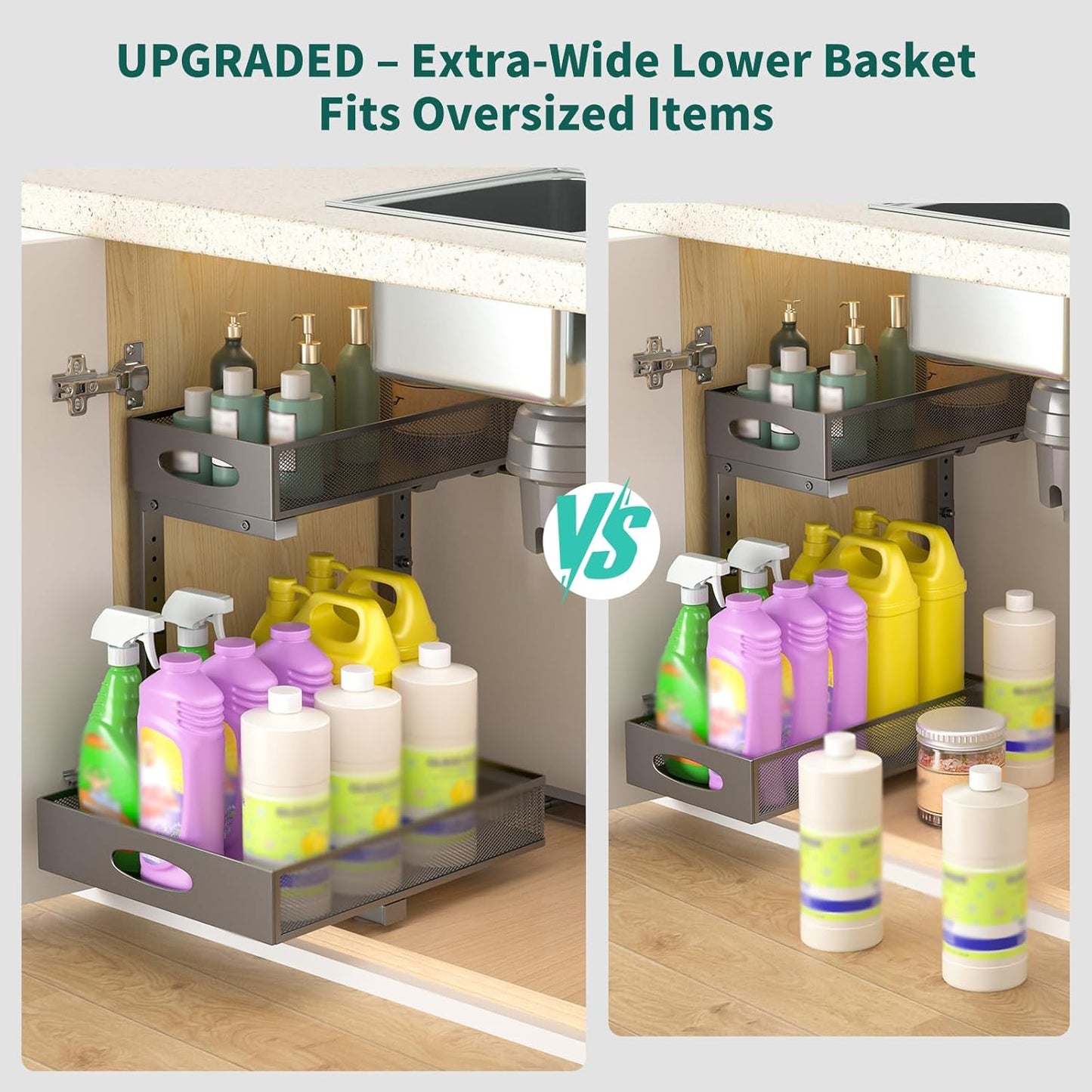 Under Sink Organizer, Extra-Wide Upgrade, 1-Pack of 2-Tier Metal Slide Out Cabinet Organizer, Height Adjustable Organization and Storage Series, Bathroom/Cabinet/Kitchen organization, Black