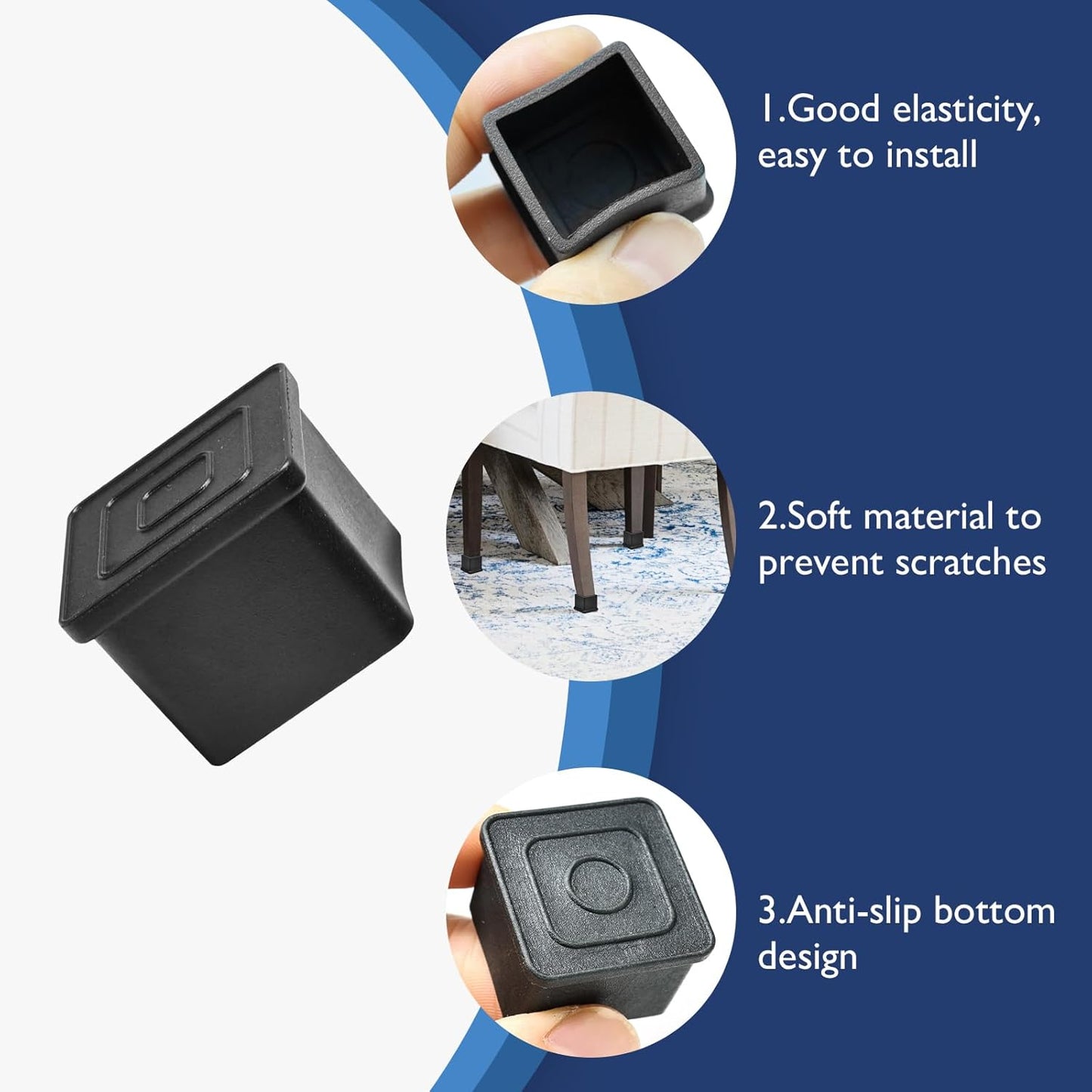 32 Pcs 3/4" x 3/4" Square Rubber Chair Leg Caps, PVC Table Leg Covers, Flexible & Anti-Slip Furniture Leg End Caps, Chair Leg Floor Protectors for Bar Stool Leg Patio Indoor, Black