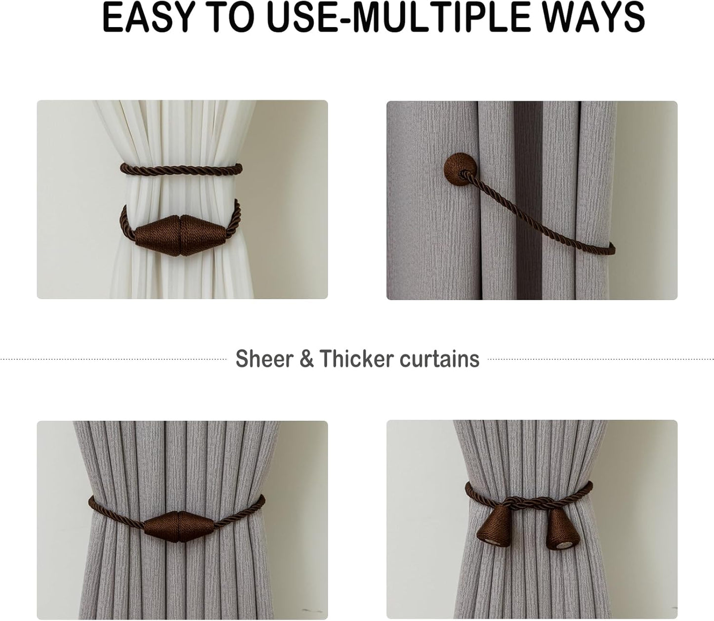 Magnetic Curtain Tiebacks 4 Pack Outdoor Rope Curtain Tie Backs Decorative Window Treatment Holdbacks for Home Decorative Curtain, Coffee