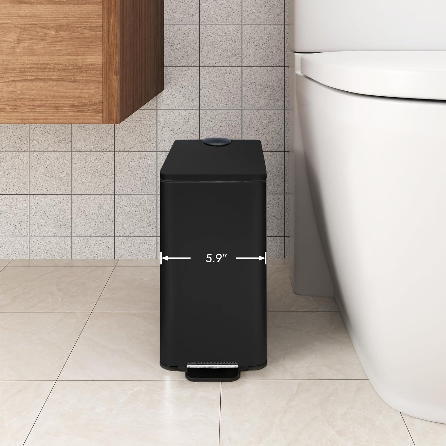 Stainless Steel Small Trash Can with Lid & Step Pedal - 6 Liters/1.6 Gallon Soft Close Garbage Can with Removeable Inner Bucket - Trash Cans for Bathroom, Bedroom, Kitchen & Office (Black)