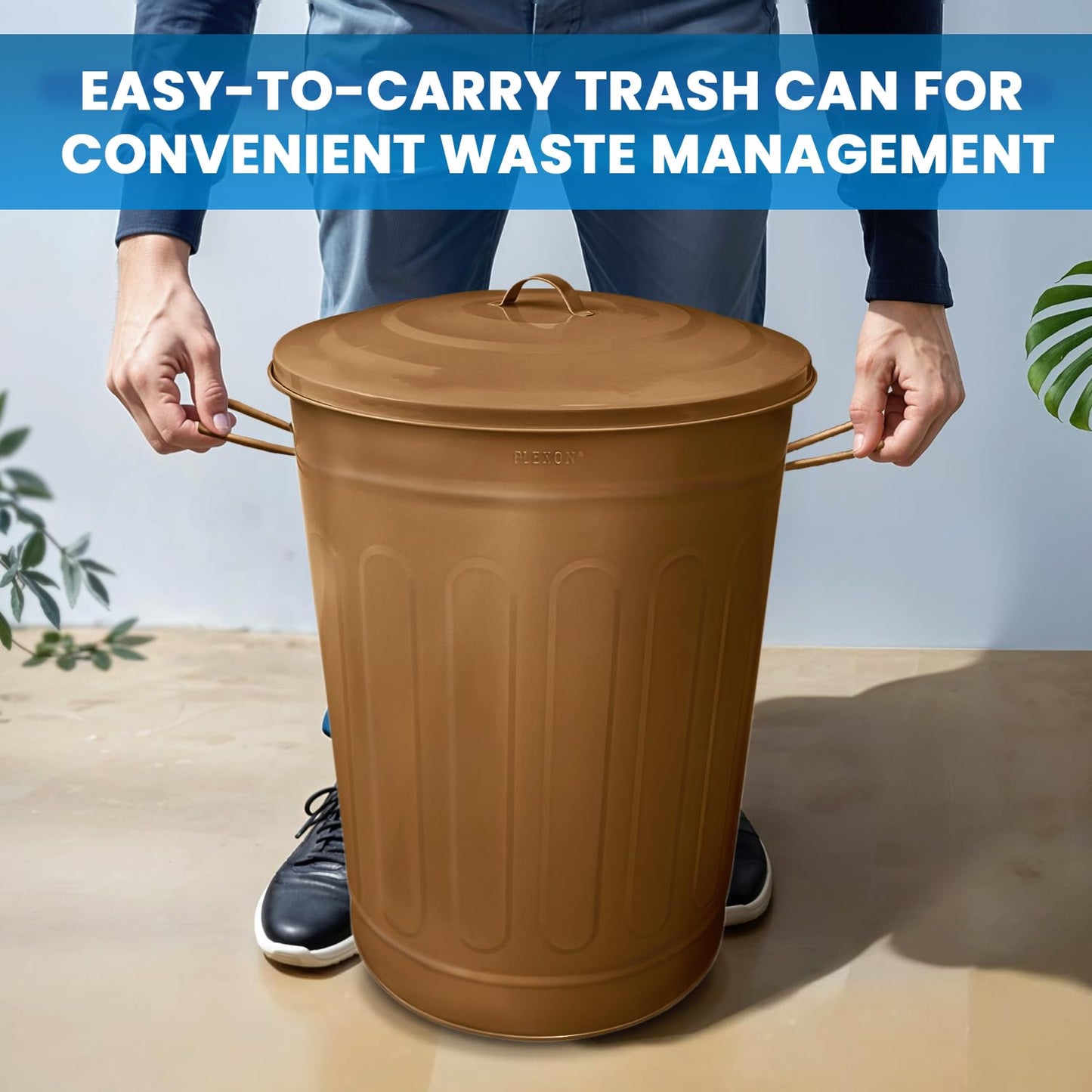 Plexon Round Trash Can 13 Gallon, Vintage Metal Outdoor Trash Can with Lid, Retro Farmhouse Garbage Container, Old School Modern Ash Bucket, Copper 3 Pack