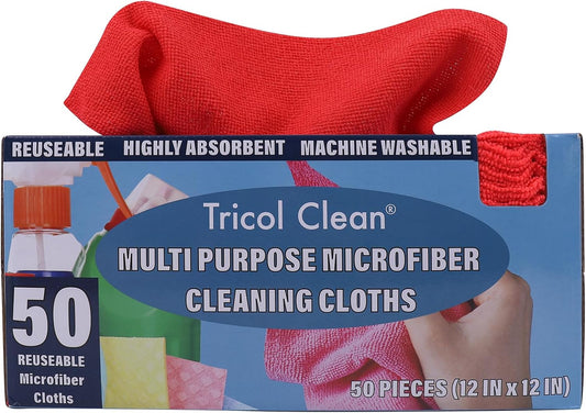 Tricol Clean Profesional Resuable Lint Free Microfiber Edgeless Cleaning Cloth 50PK Cleaning Rags,Absorbent Microfiber Wipes in Dispenser Box for Housekeeping, Car Cleaning (12 * 12 Inches) (red1)