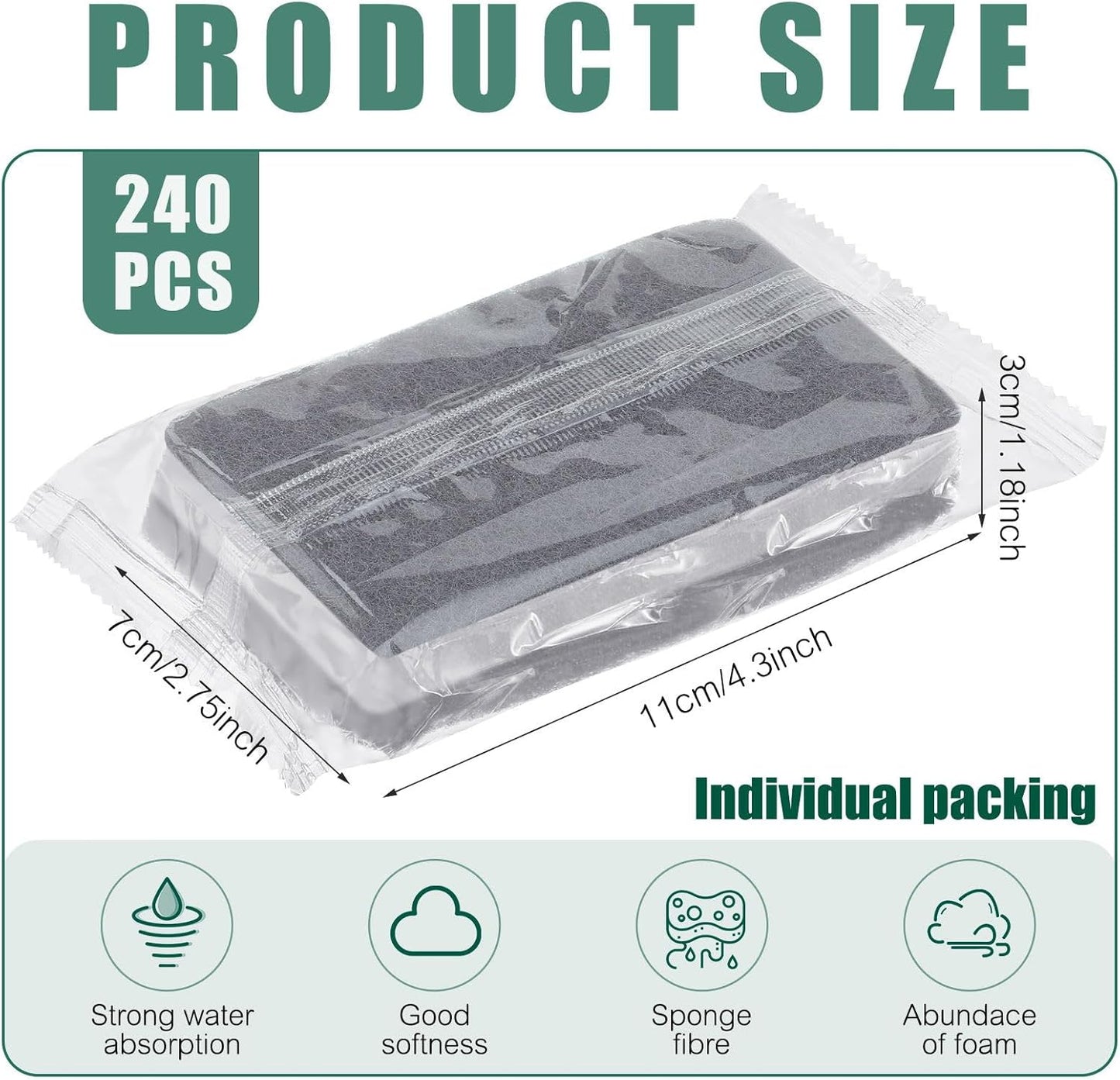 Tanlade 240 Pcs Individually Wrapped Sponge Dishwashing Sponge Bulk Non Scratch Scrub Sponges Kitchen Scouring Pad for Household Cleaning Rental Dishes Hotel Apartment Car (Gray,White)