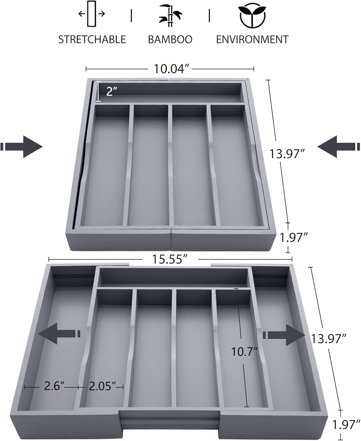 Expandable Bamboo Kitchen Drawer Organizer for Cutlery and Utensils, Adjustable Bamboo Wood Cutlery Tray in Drawer for Flatware and Silverware in Kitchen, (Grey)