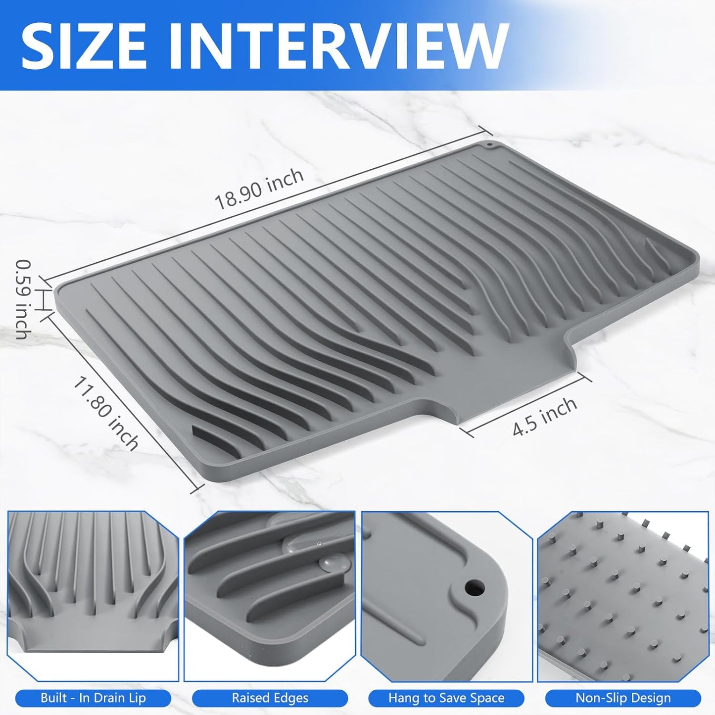 Silicone Dish Drying Mat for Kitchen Counter, Dish Drainer Mat, Non-Slip Drying Pad with Built-in Drain, Kitchen Drying Matt For Counter(18.9" x 11.8", Gray)