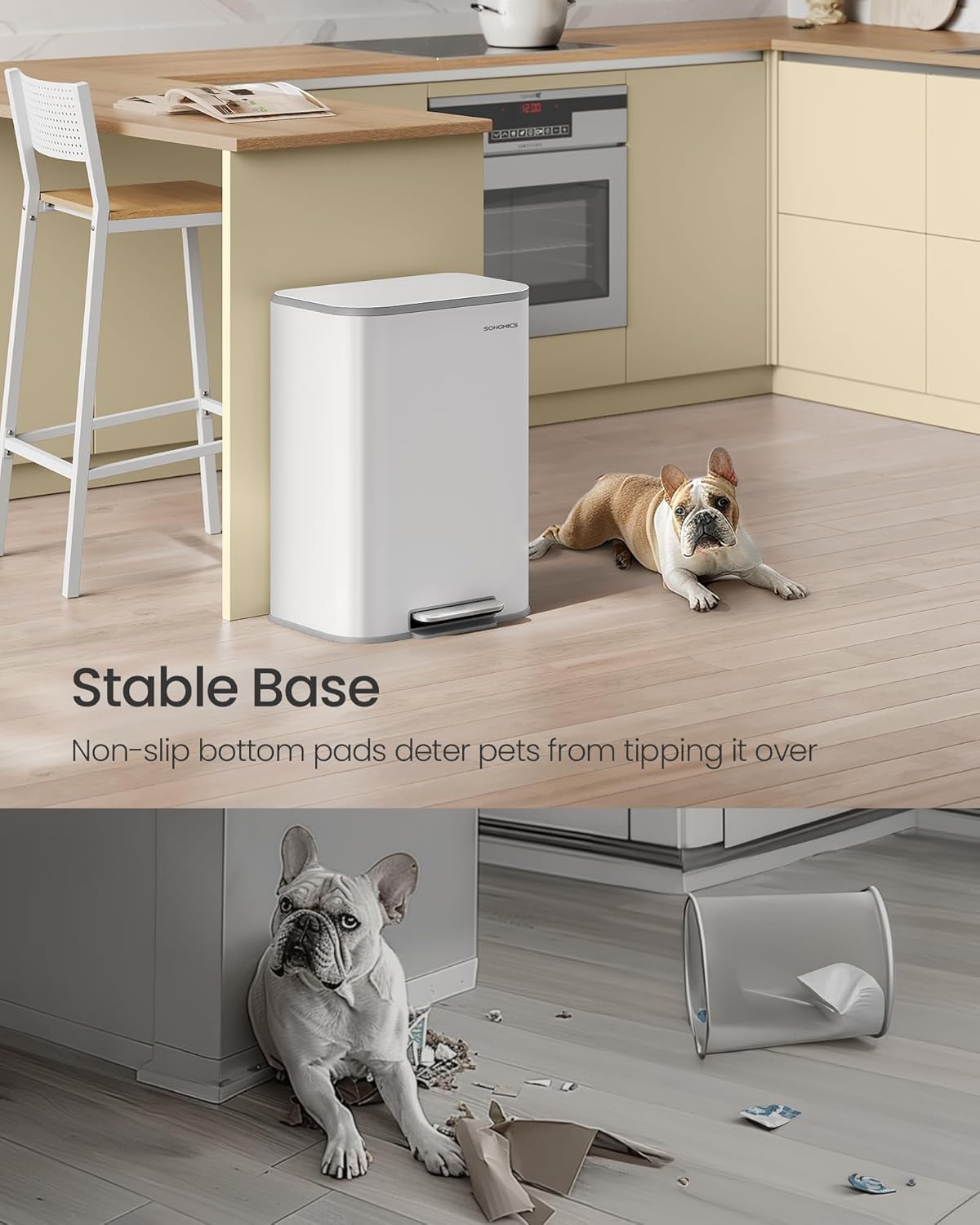 SONGMICS Kitchen Trash Can, 13-Gallon (50 L) Garbage Can with Lid, Stainless Steel, Soft Close and Stays Open, Inner Bucket, Wide Non-Slip Pedal, Cloud White ULTB547W01