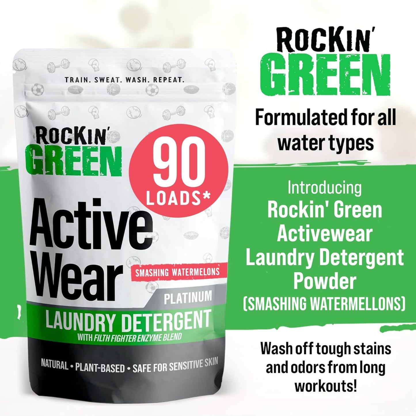 Rockin' Green Laundry Detergent, Plant based, All Natural Laundry Detergent Powder, Vegan and Biodegradable Odor Fighter, Safe for Sensitive Skin (Active Wear 90 Loads - Smashing Watermelons)