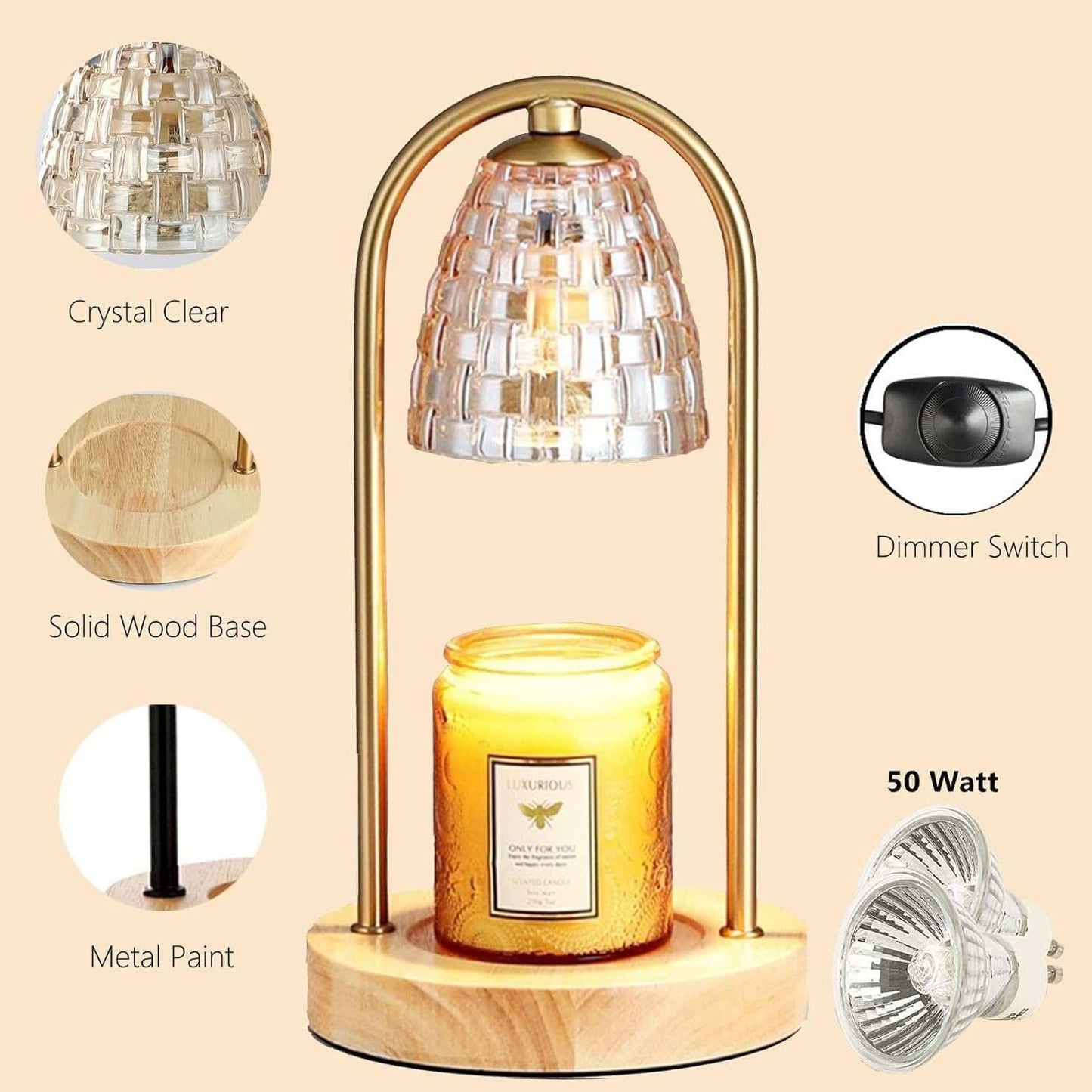 Candle Warmer Lamp with Timer and Dimmer, Electric Scented Wax Warmer for Bedroom, Home Decor Aroma Candle Holder Night Light/Table Lamp - Gift (ABC-Golden-Oval)