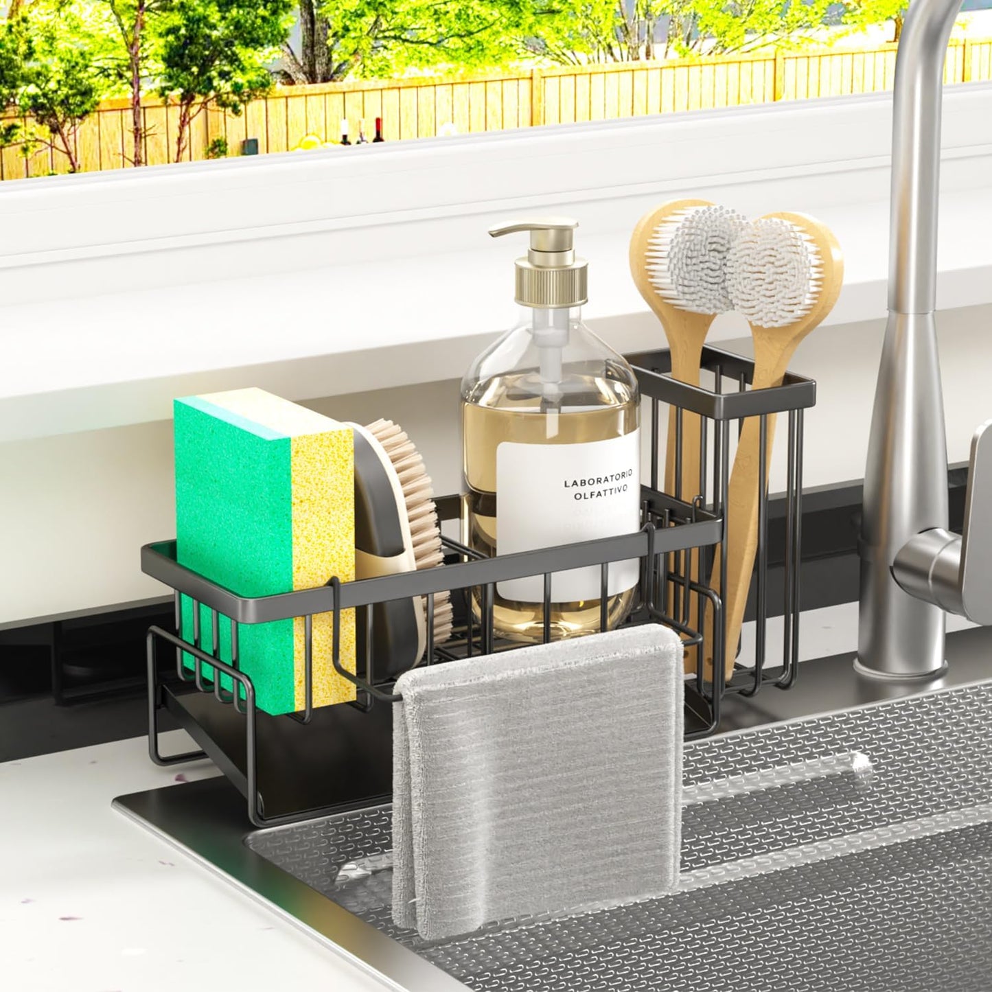 Sponge Holder & Sink Caddy Organizer - Rustproof Kitchen Sink Organizer with High Brush Holder - Kitchen Essentials Countertop Storage Organization (Grey)