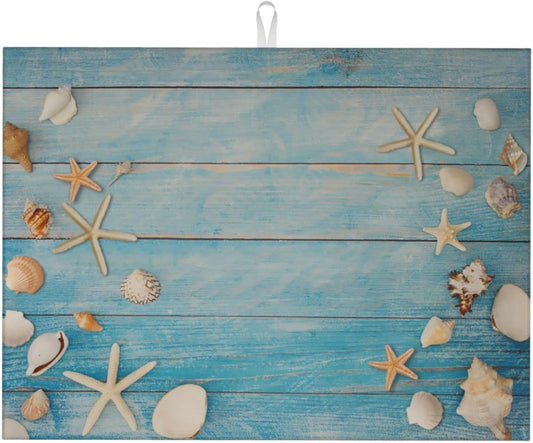 Seashells Starfish On Blue Wood Absorbent Microfiber Xl Dish Drying Mat For Kitchen Countertop Extra Large Reversible Drainer Rack Pad 18 X 24 Inch