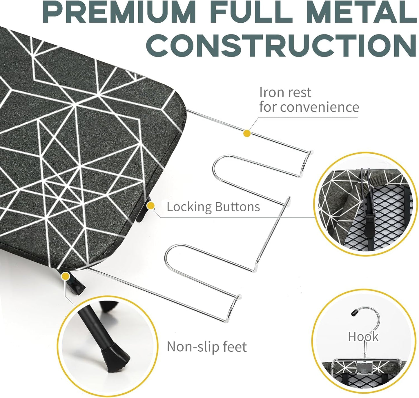 Mini Ironing Board Tabletop Foldable, RAINHOL Space-Saving Iron Board, Compact and Portable for Travel and College, with Hook and Iron Holder, Steel Mesh, 31" x 12", Black and White Stripes