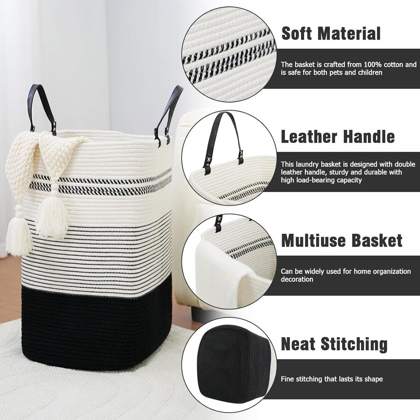 danpinera 100L Nursery Hamper, Tall Woven Laundry Basket with Long Leather Handles, Boho Laundry Hamper for Living Room & Bedroom, Eco-friendly & Convenient Decorative Storage Basket, White & Black