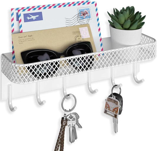 Key Holder for Wall – Decorative Stainless Steel Key Hanger with 6 Hooks for Hats, Bags, Leashes – Mail Holder Key Rack with Mounting Hardware and Guide (9.65” x 2.8” x 2.2”) (White)