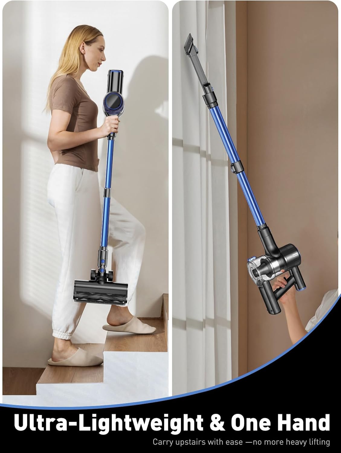 Cordless Vacuum Cleaner, 8-in-1 Vacuum Cleaners for Home, 45Mins Runtime, Anti-Tangle Stick Vacuum with LED Display, Rechargeable Lightweight Vacuum for Pet Hair/Carpet/Floor (Blue)