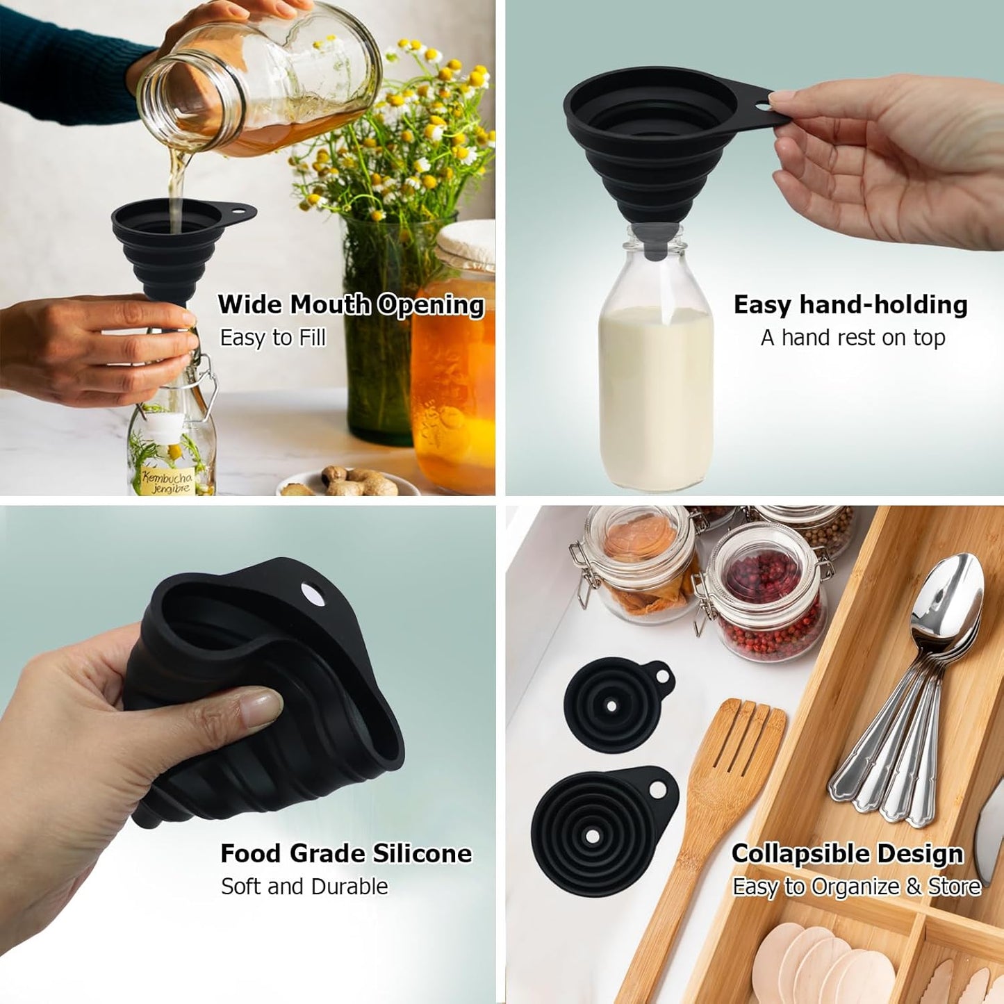 6 Pack Funnels for Kitchen Automotive Use Filling Bottles, Plastic Funnels Assorted 4 Sizes, Silicone Collapsible Funnel Set 2 Small and Large for Liquids, Oils, Powders Transfer, Cooking