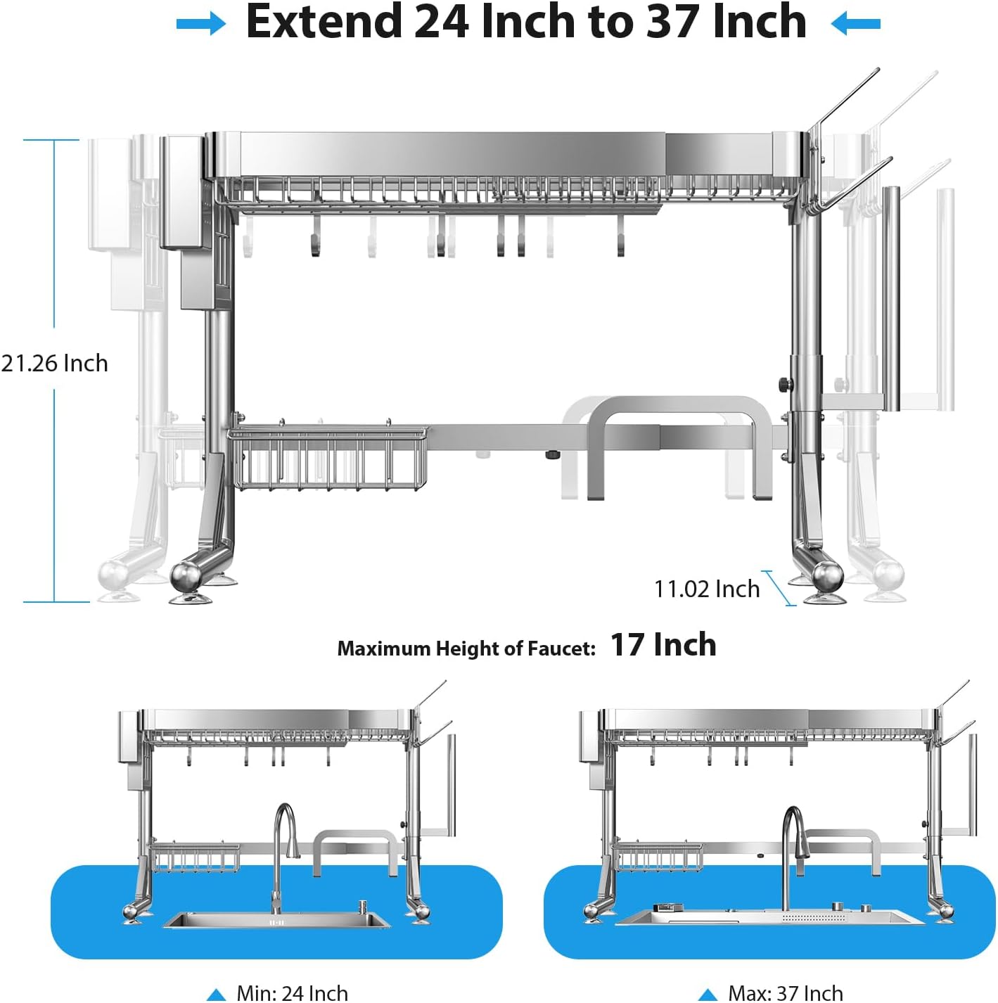 Over The Sink Dish Drainer Drying Rack, 2 Tier Adjustable Width (20.87'' to 37.6'') 304 Stainless Steel Large Over Sink Dish Drying Rack for Kitchen Counter Organizer, (Silver)