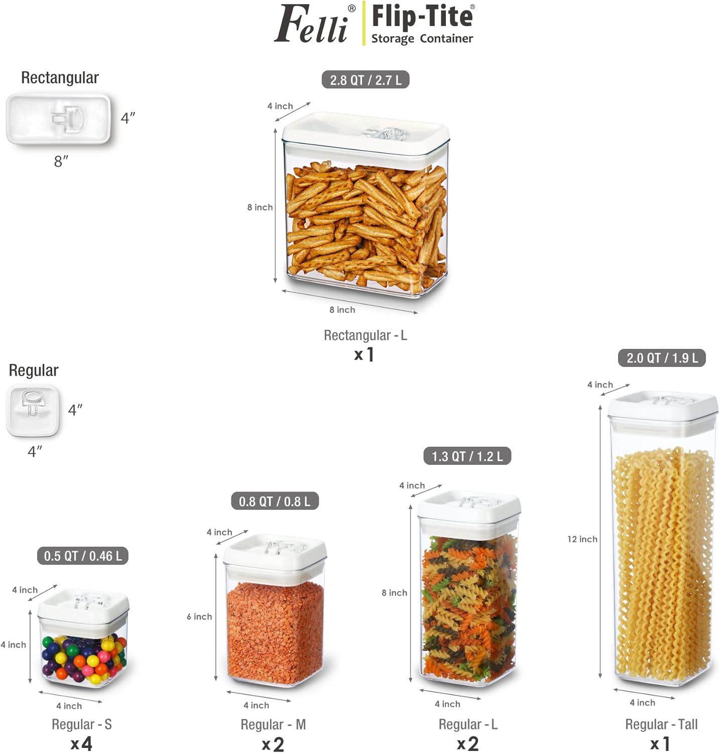 Felli Flip Tite Storage Container with 4 Inch Lid SQUARE & RECTANGLE, Air Tight Ring Seal Top Clear Acrylic Canister Jar, Spice Pasta Cereal Snack Pantry Organizer, Gift Set for Women (10pk, Variety)