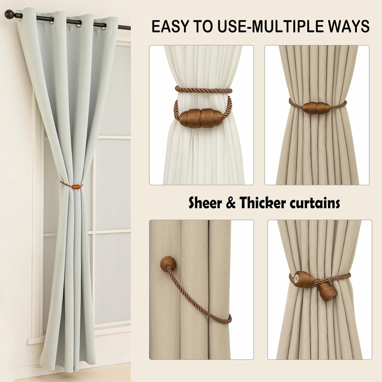 Magnetic Curtain Tiebacks Rope Curtain Tie Backs for Curtains 2 Pack Curtain Holders for Drapes Decorative Window Curtain Holdbacks, Khaki