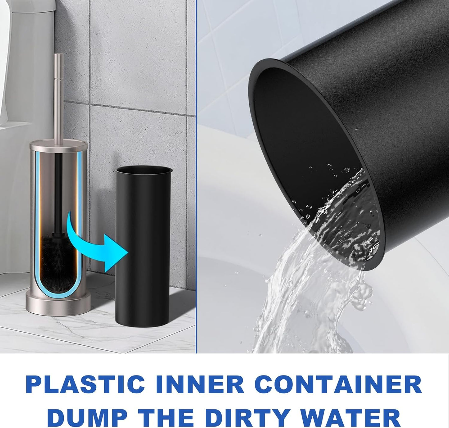 Brushed Nickel Toilet Brush and Holder Set, 304 Stainless Steel Toilet Brush for Bathroom, Heavy Duty Toilet Bowl Brush with Holder, Removable Inner Bowl and Splash Protection, Long Handle