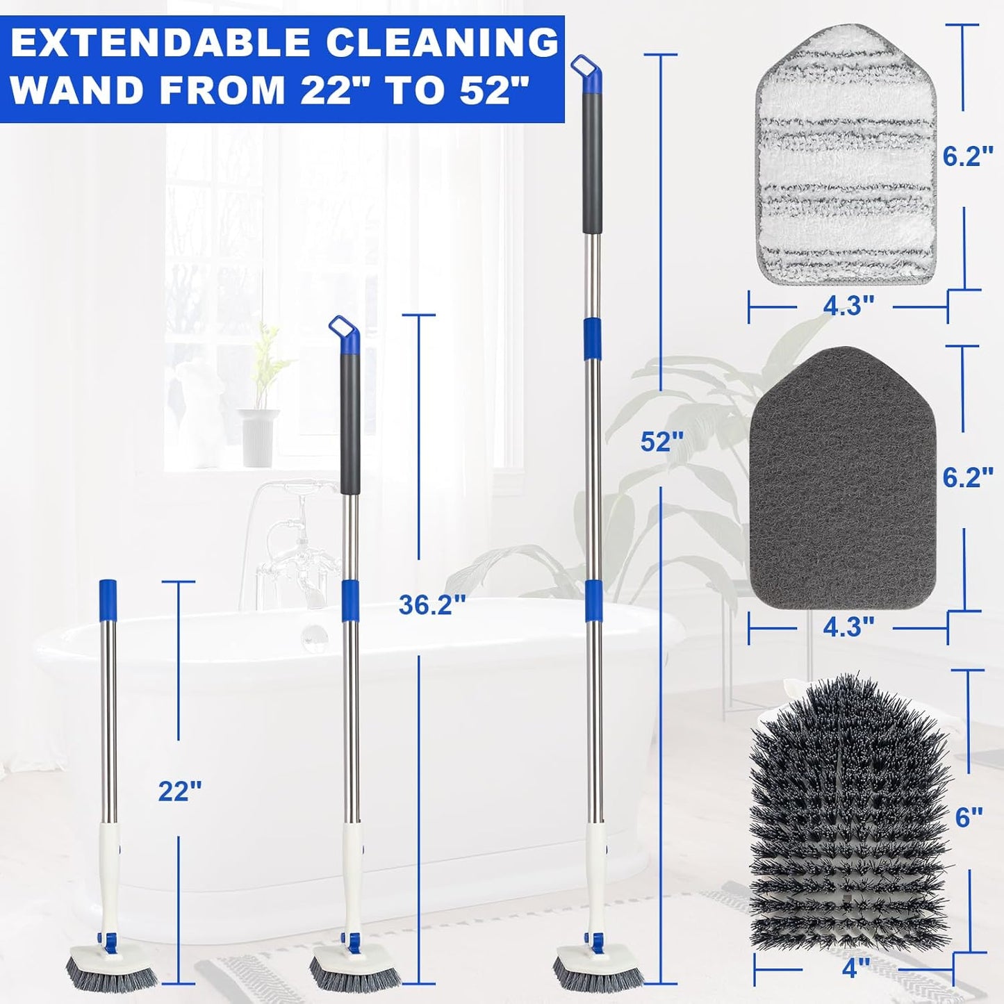 Tile Tub Scrubber Brush with 52-inch Adjustable Long Handle 3-in-1 Rotatable Shower Brush for Cleaning，3 Different Replacement Brush Heads for Cleaning Tub Tile Bathroom Kitchen Walls ，Blue