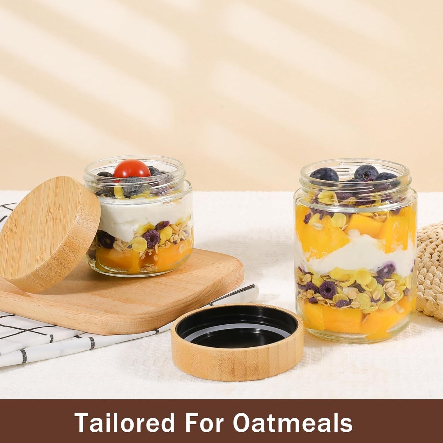 OcePor 4 Pack Glass Jars with Bamboo Lids, Over Night Oats Container with Airtight Lid, Glass Snack Storage Salad Jars For Food, Yogurt, Sugar and Flour,Coffee Bean, Cookie, Cereal