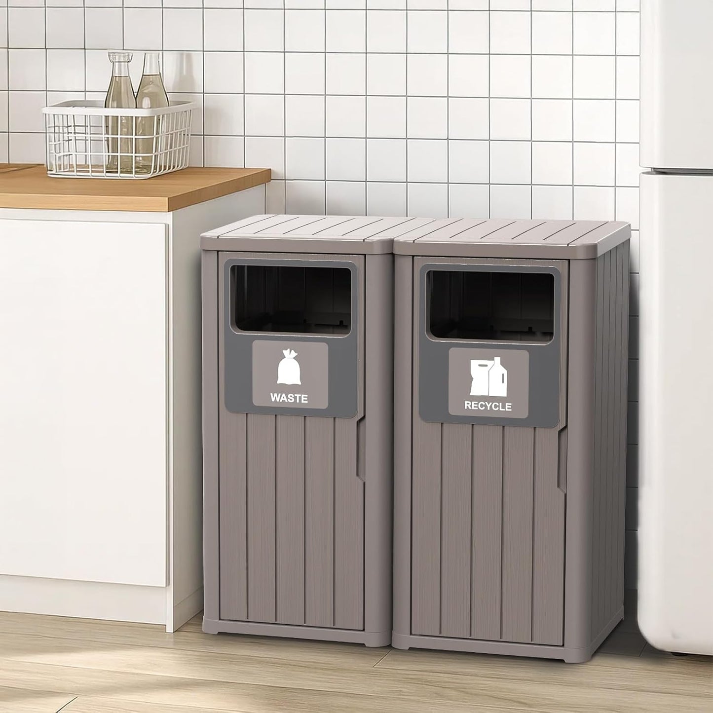 Outdoor Double Barrel Trash Can,Waterproof Resin Garbage Can with Garbage Labels,Durable Waste Bin for Porch, Backyard,Kitchen,for 30 to 39 Gallon Trash Bags