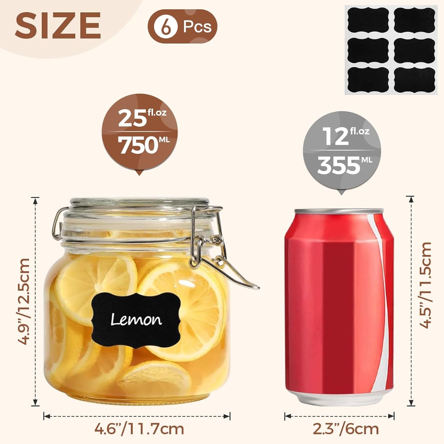 ComSaf 25oz Airtight Glass Canisters with Lids Set of 6, Square Food Storage Jar Container with Clamp Lids for Kitchen Canning Cereal Coffee Pasta Sugar Beans Spice, Clear Mason Jars with 12 Labels