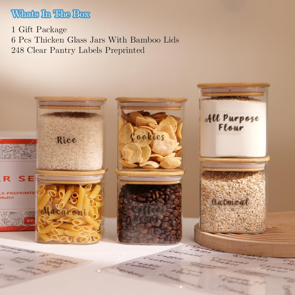 6 Pcs Square Glass Pantry Storage Containers with Bamboo Airtight Lid and 248 Clear Pantry Labels Preprinted - 24oz Thicken Glass Food Storage Jars for Coffee, Cookie, Tea, Sugar, Spice
