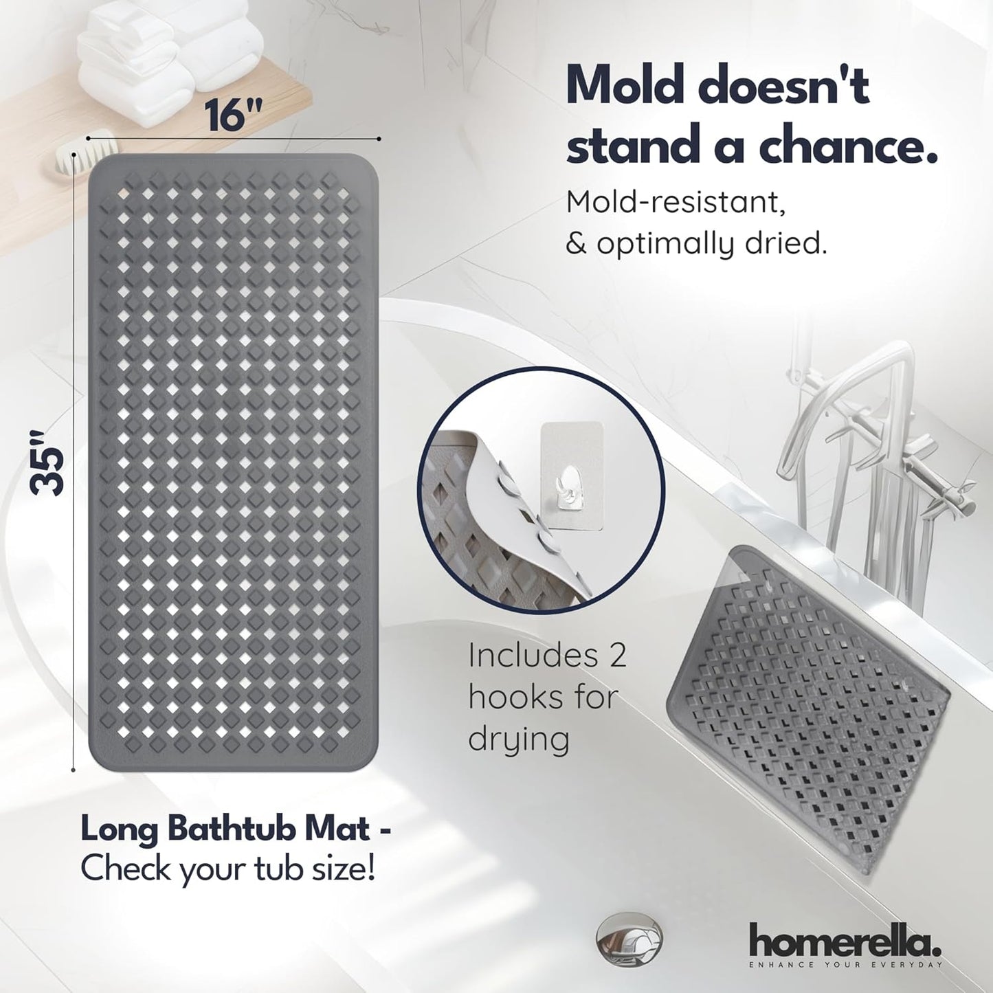 homerella® Bathtub Mat Non Slip 35x16, Incl. Hooks for Drying, Extra Long, 100% BPA Free, Shower Mat Non Slip Anti Mold, Machine Washable, Shower Mats for Inside Shower Mildew Resistant