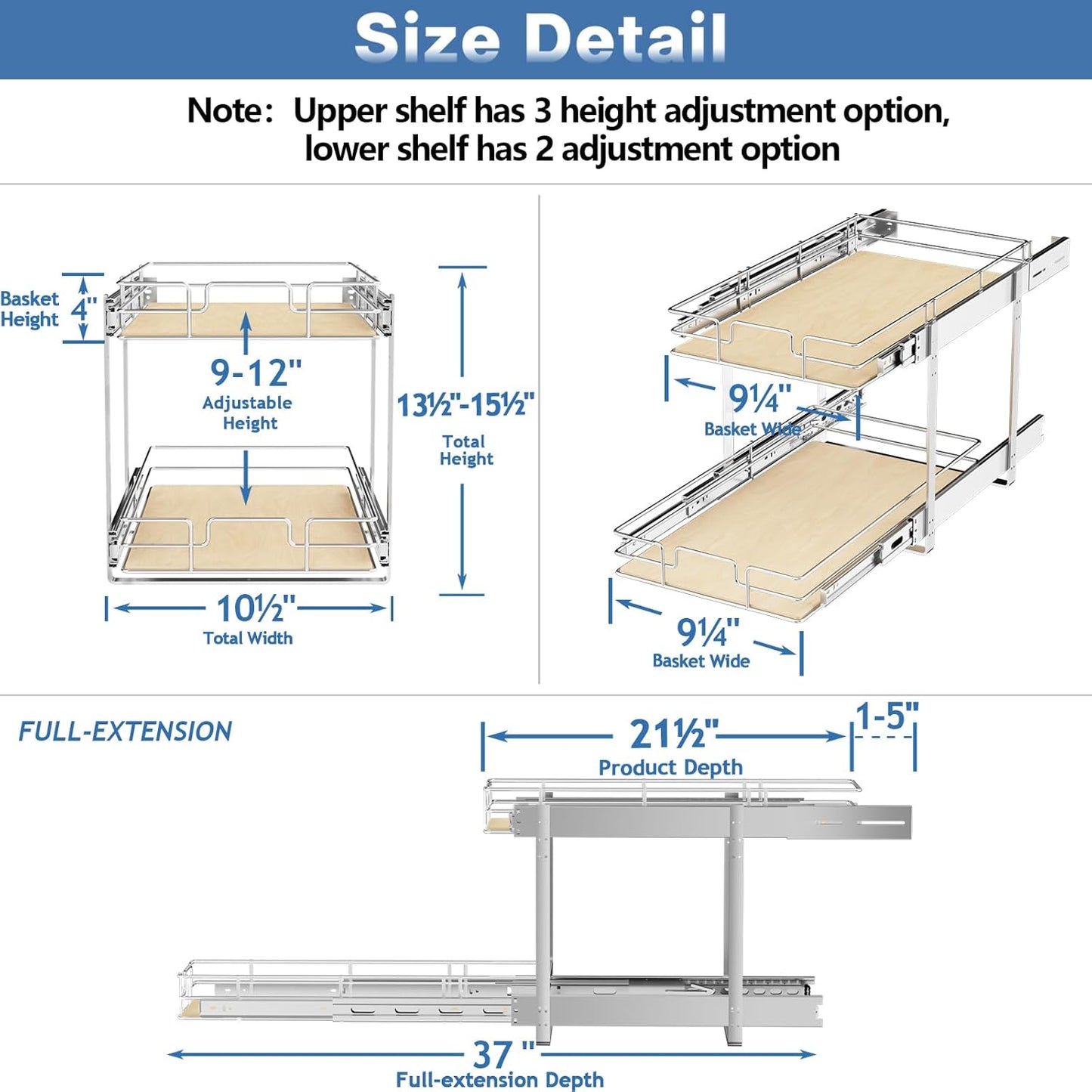 ROOMTEC 2 Tier Individual Pull Out Cabinet Organizer 10½"W x 21½"D, Slide Out Wood Shelves Organizers, Pull Out Drawers Organization and Storage for Kitchen Cabinet