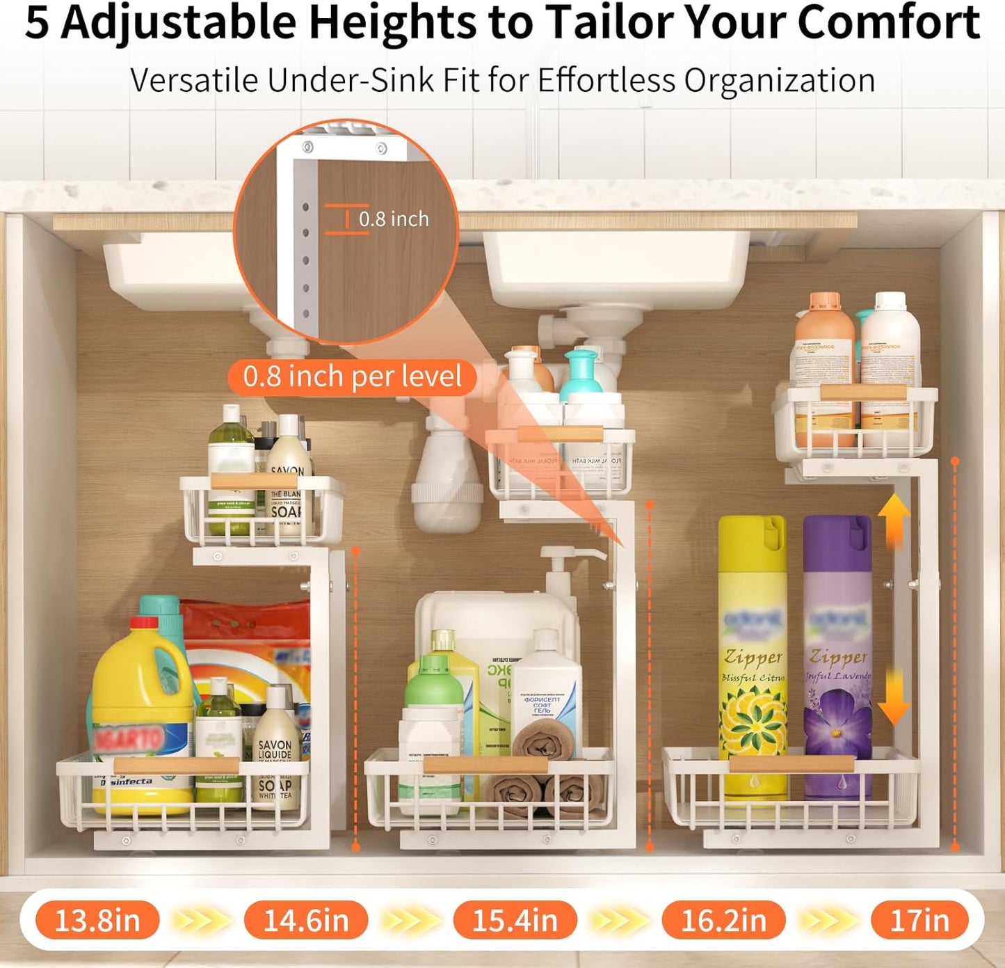 Under Sink Organizer, 2 Pack Under Sink Organizers and Storage, 2-Tier Pull Out Under Cabinet Organizer Storage Shelf, Metal Frame, Height Adjustable Rack for Bathroom Kitchen Pantry