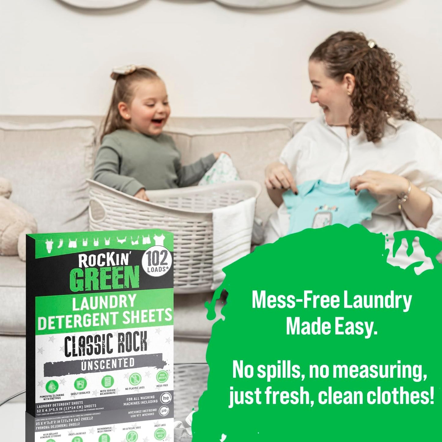 Rockin' Green Travel Laundry Detergent Sheets Unscented - Mess-Free Laundry Sheets Detergent Powerful Cleaning with Sodium Bicarbonate - Easily Dissolvable Laundry Soap Sheet (102 Loads, Unscented)