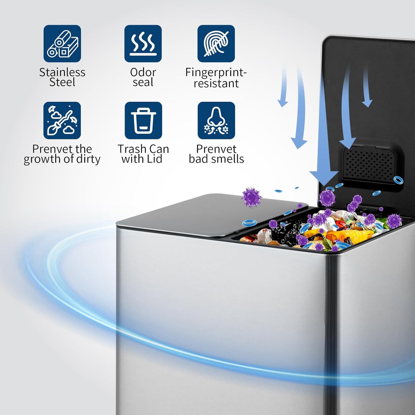 GarveeHome Dual Trash Can, 2x4 Gallon (2x15L) Stainless Steel Step Trash Can, Rectangular Garbage Can for Kitchen, Office with 2 Compartments, Removable Inner Buckets, Soft-Close Lid, Silver