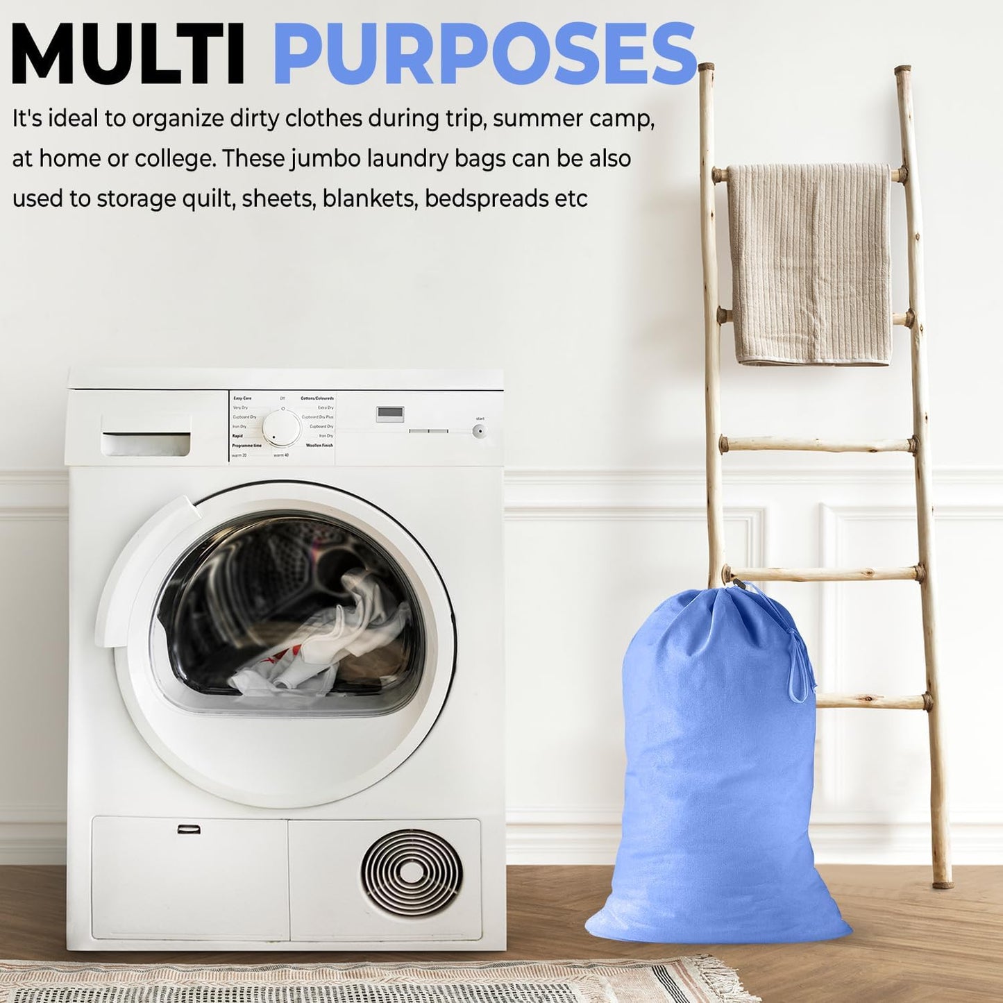 2 Pack - Extra Large Cotton Laundry Bag, Heavy Duty Large Laundry Bags 24 x 36 inch XL Drawstring Travel Organizer Bag Fit Hamper Basket Camp (BLUE, Pack of 2)