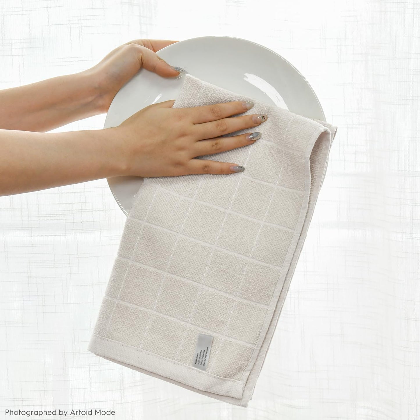 Artoid Mode Checkered Designed Cotton Beige Terry Kitchen Dish Towels, 15x25 Inch Soft Absorbent Quick Drying Family Cleaning Tea Towels Set of 4