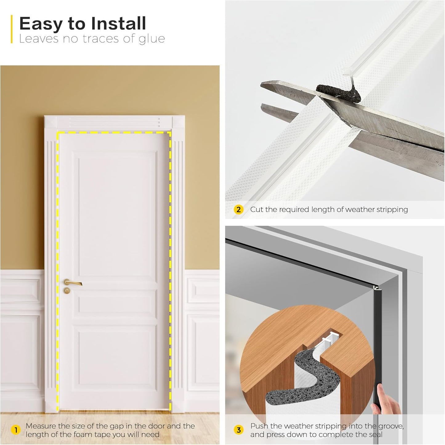 Weather Stripping Door Seal Strip - Soundproof Q Foam for Door Frame, Exterior Large Gap - Easy to Install (White, 50FT)