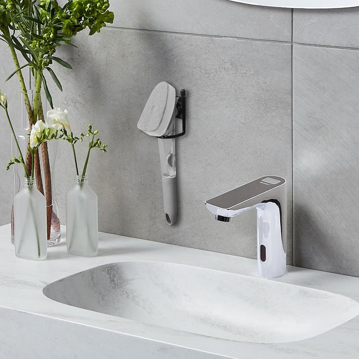 Sink Brush Holder, Magnetic Kitchen Sink Caddy Holder, Soap Dispensing Palm Brush Holder, Sink Drain Frame- Black