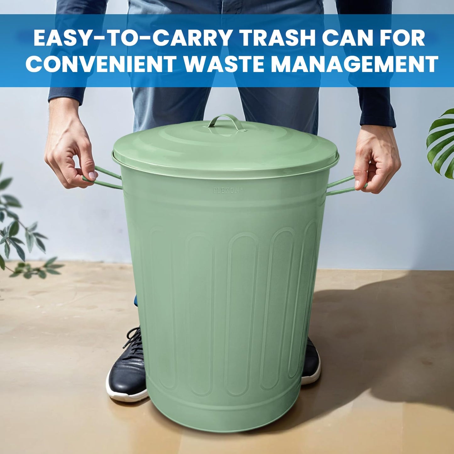 Plexon Round Trash Can 13 Gallon, Vintage Metal Outdoor Trash Can with Lid, Retro Farmhouse Garbage Container, Old School Modern Ash Bucket, Green 3 Pack