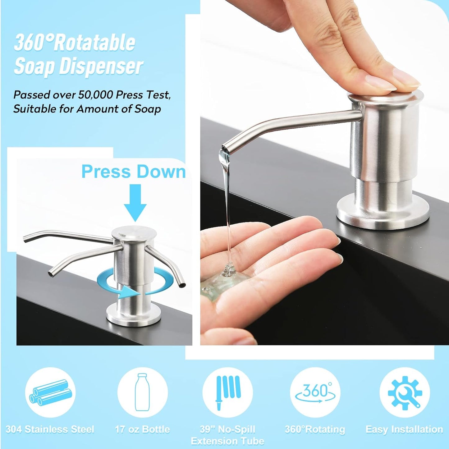 CREA Kitchen Sink Soap Dispenser Countertop for Kitchen Sink, Stainless Stee Built in Sink Soap Dispenser Brushed Nickel for Bathroom with 39" Tube Large Capacity 17 OZ Bottle